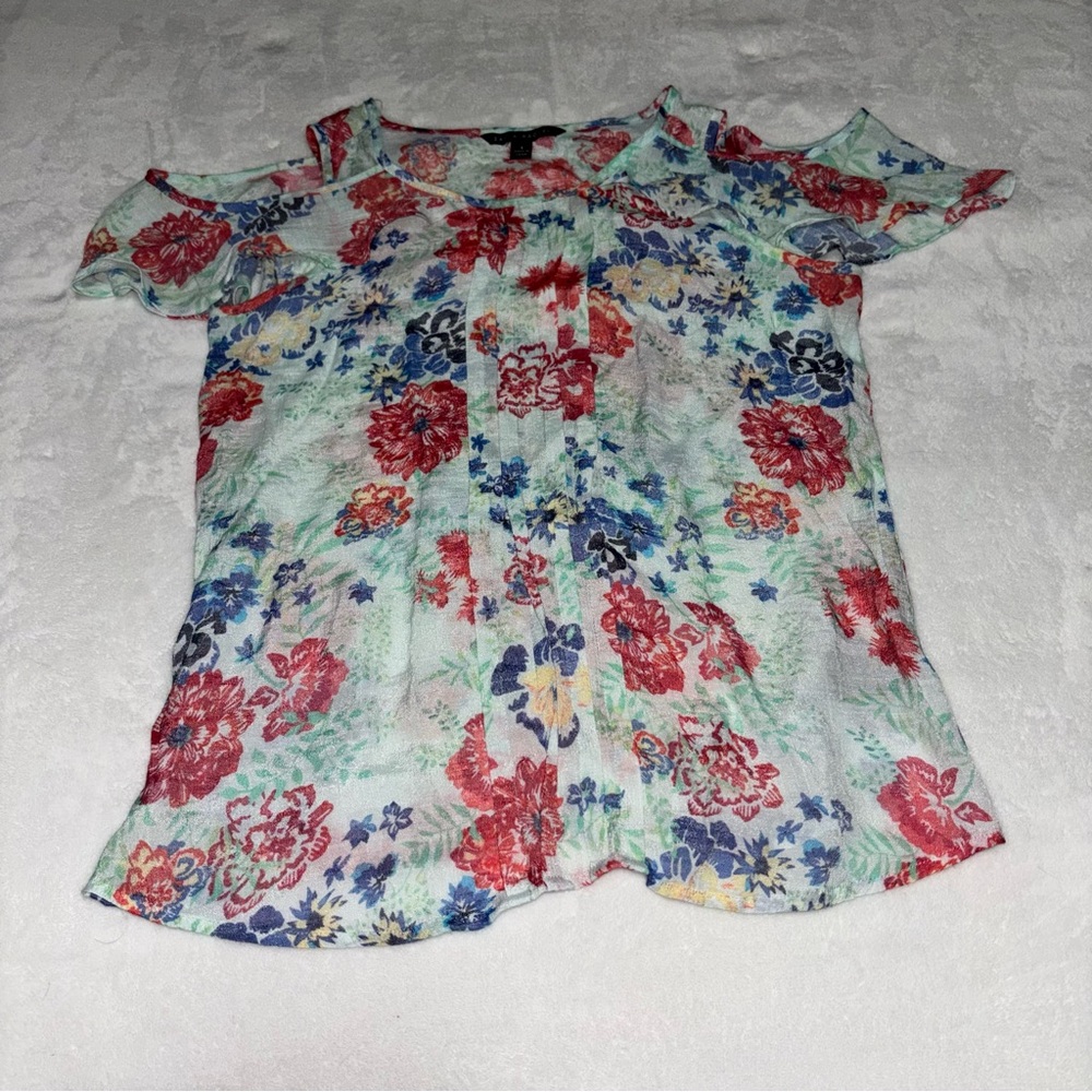 Zac & Rachel Aqua and Floral Print Cold Shoulder Sleeveless Top Size Small